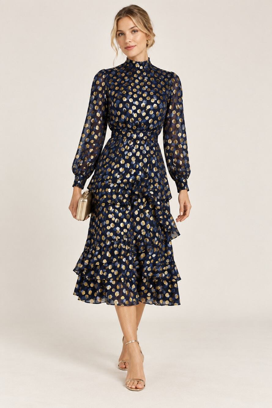 Saloni Blue Gold Metallic Floral Ruffle Midi Dress US 2 Long Sleeve Party